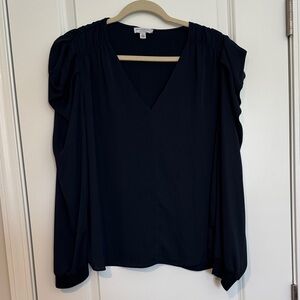 Current Air Navy V-Neck Blouse with Gathered Sleeves